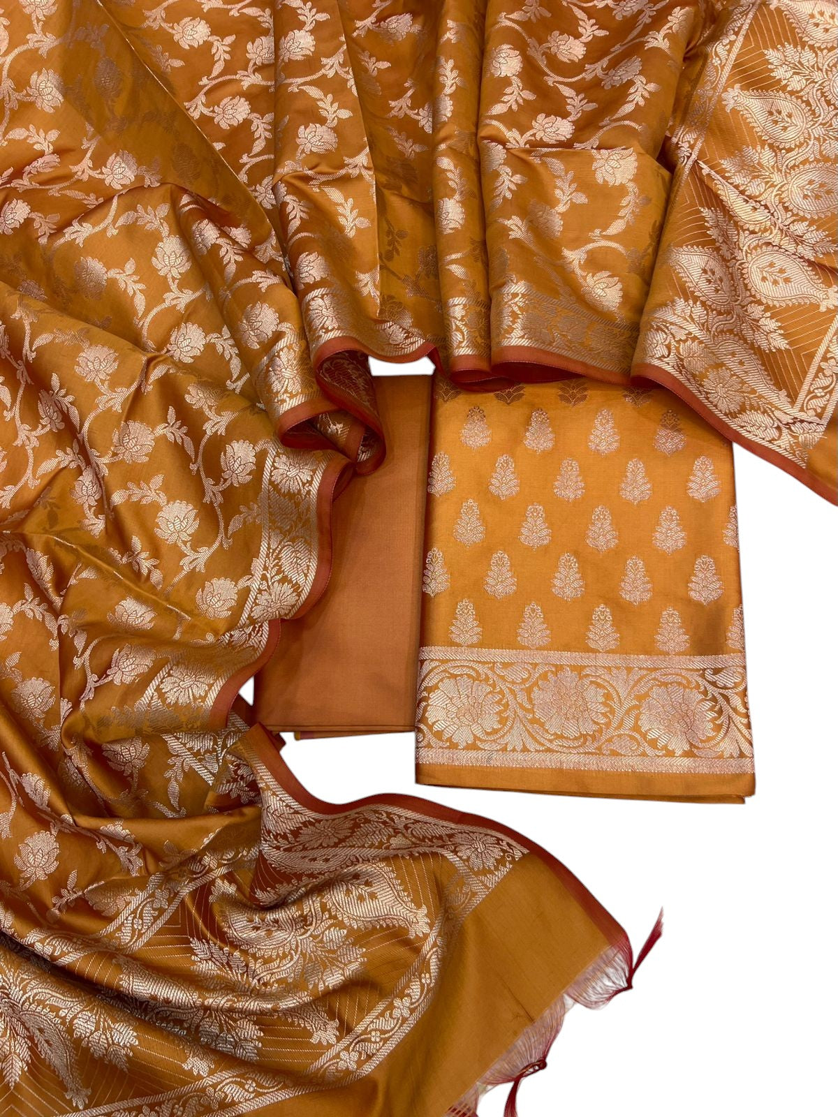 Mustard Yellow Banarasi Soft Silk Three Piece Unstitched Suit Set - Luxurion World