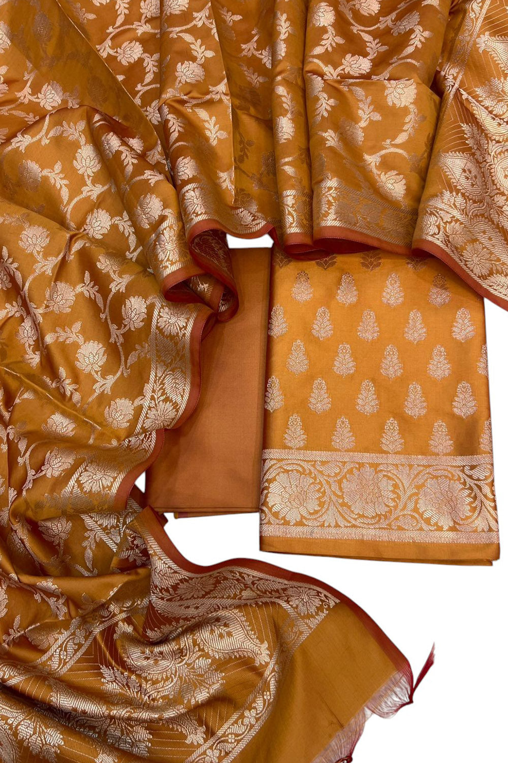 Mustard Yellow Banarasi Soft Silk Three Piece Unstitched Suit Set - Luxurion World