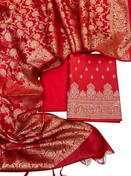 Red Banarasi Soft Silk Three Piece Unstitched Suit Set - Luxurion World