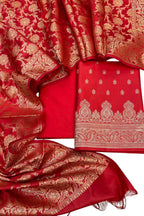 Red Banarasi Soft Silk Three Piece Unstitched Suit Set - Luxurion World