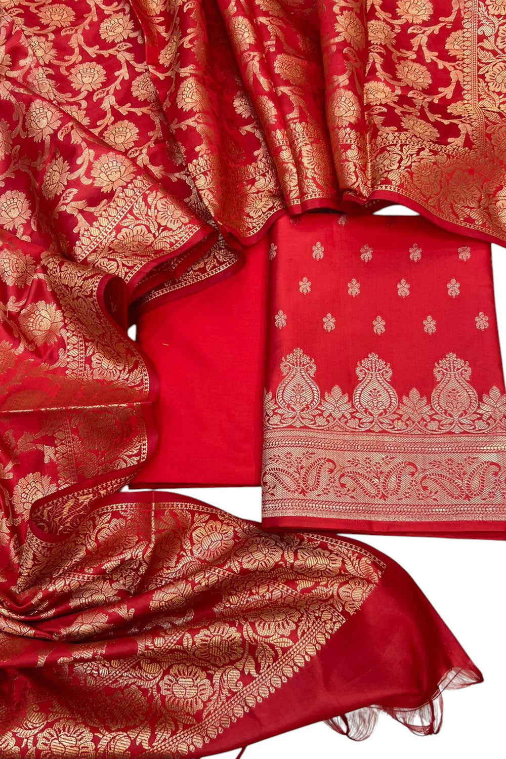 Red Banarasi Soft Silk Three Piece Unstitched Suit Set - Luxurion World