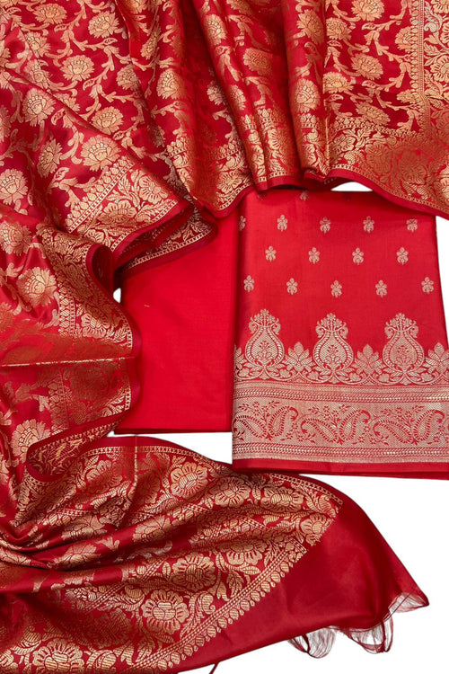 Red Banarasi Soft Silk Three Piece Unstitched Suit Set - Luxurion World