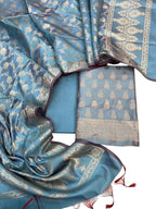 Elegant Blue Banarasi Soft Silk Three Piece Unstitched Suit Set - Luxurion World