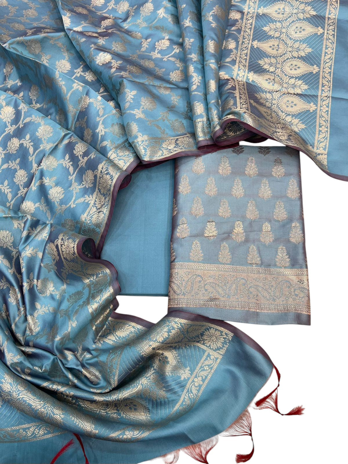 Elegant Blue Banarasi Soft Silk Three Piece Unstitched Suit Set - Luxurion World