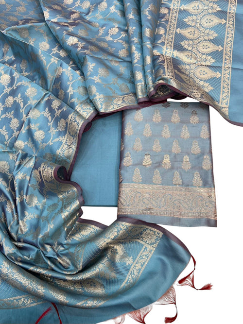 Elegant Blue Banarasi Soft Silk Three Piece Unstitched Suit Set - Luxurion World
