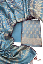 Elegant Blue Banarasi Soft Silk Three Piece Unstitched Suit Set - Luxurion World