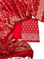 Red Banarasi Soft Silk Three Piece Unstitched Suit Set - Luxurion World