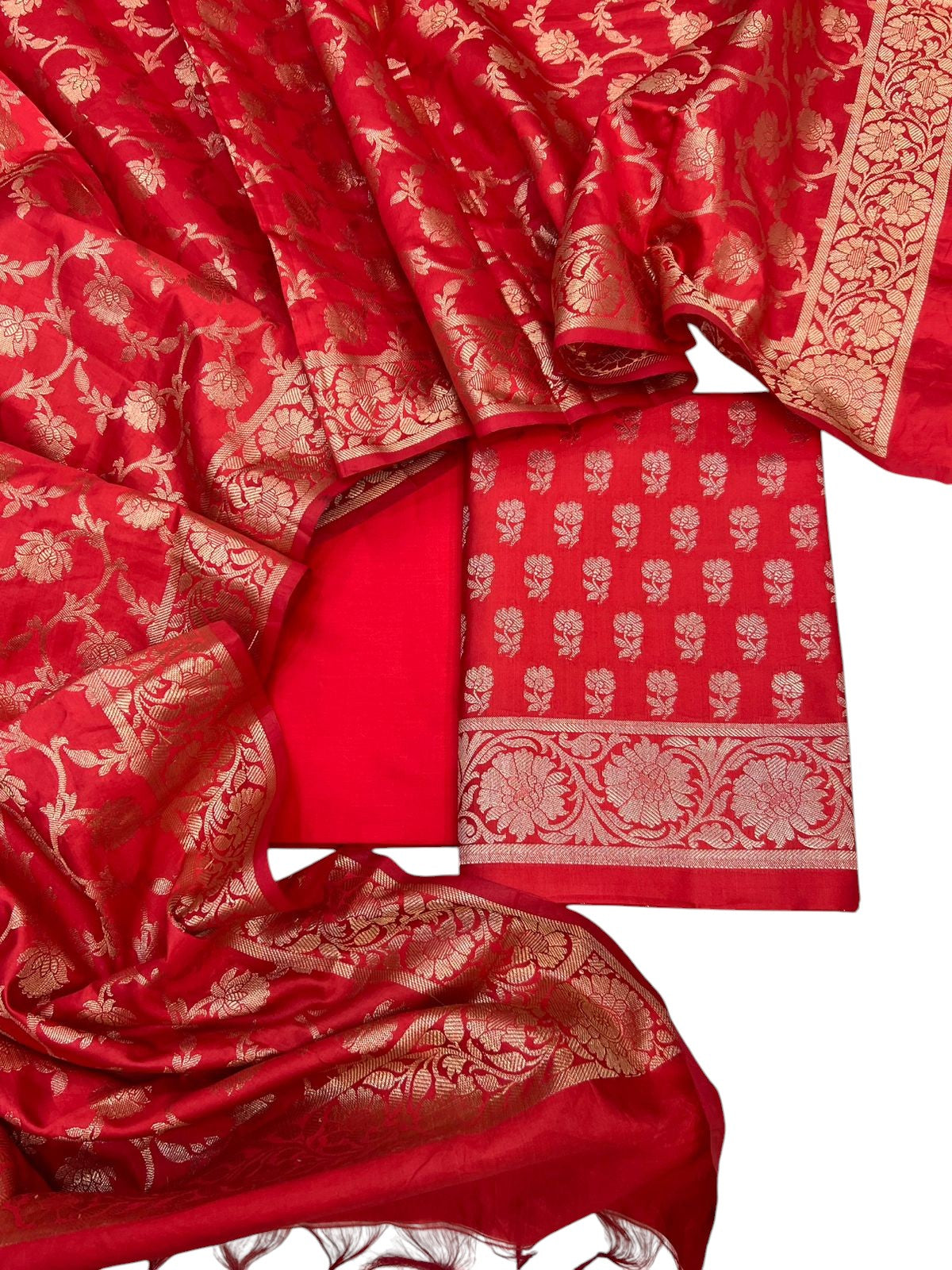 Red Banarasi Soft Silk Three Piece Unstitched Suit Set - Luxurion World
