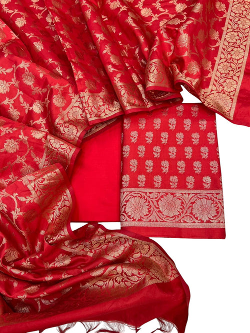 Red Banarasi Soft Silk Three Piece Unstitched Suit Set - Luxurion World