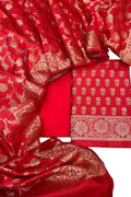 Red Banarasi Soft Silk Three Piece Unstitched Suit Set - Luxurion World