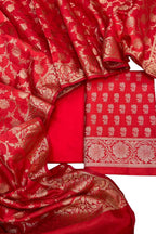 Red Banarasi Soft Silk Three Piece Unstitched Suit Set - Luxurion World