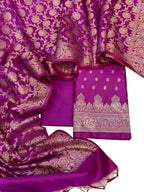 Pink Banarasi Soft Silk Three Piece Unstitched Suit Set - Elegant and Luxurious