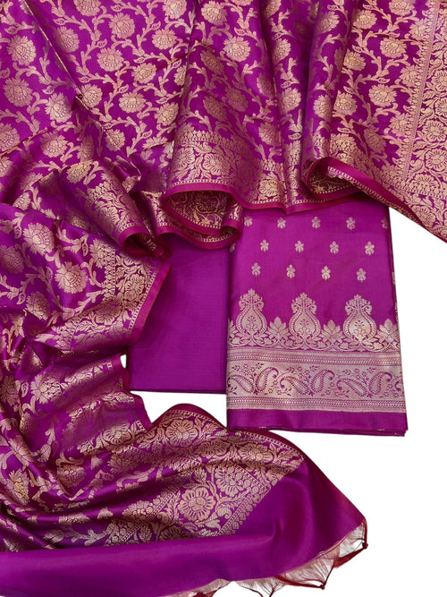 Pink Banarasi Soft Silk Three Piece Unstitched Suit Set - Elegant and Luxurious
