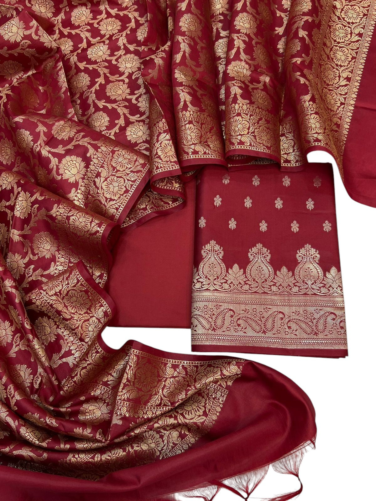 Elegant Maroon Banarasi Soft Silk Three Piece Unstitched Suit Set