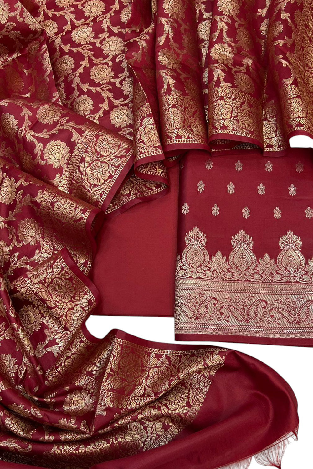 Elegant Maroon Banarasi Soft Silk Three Piece Unstitched Suit Set