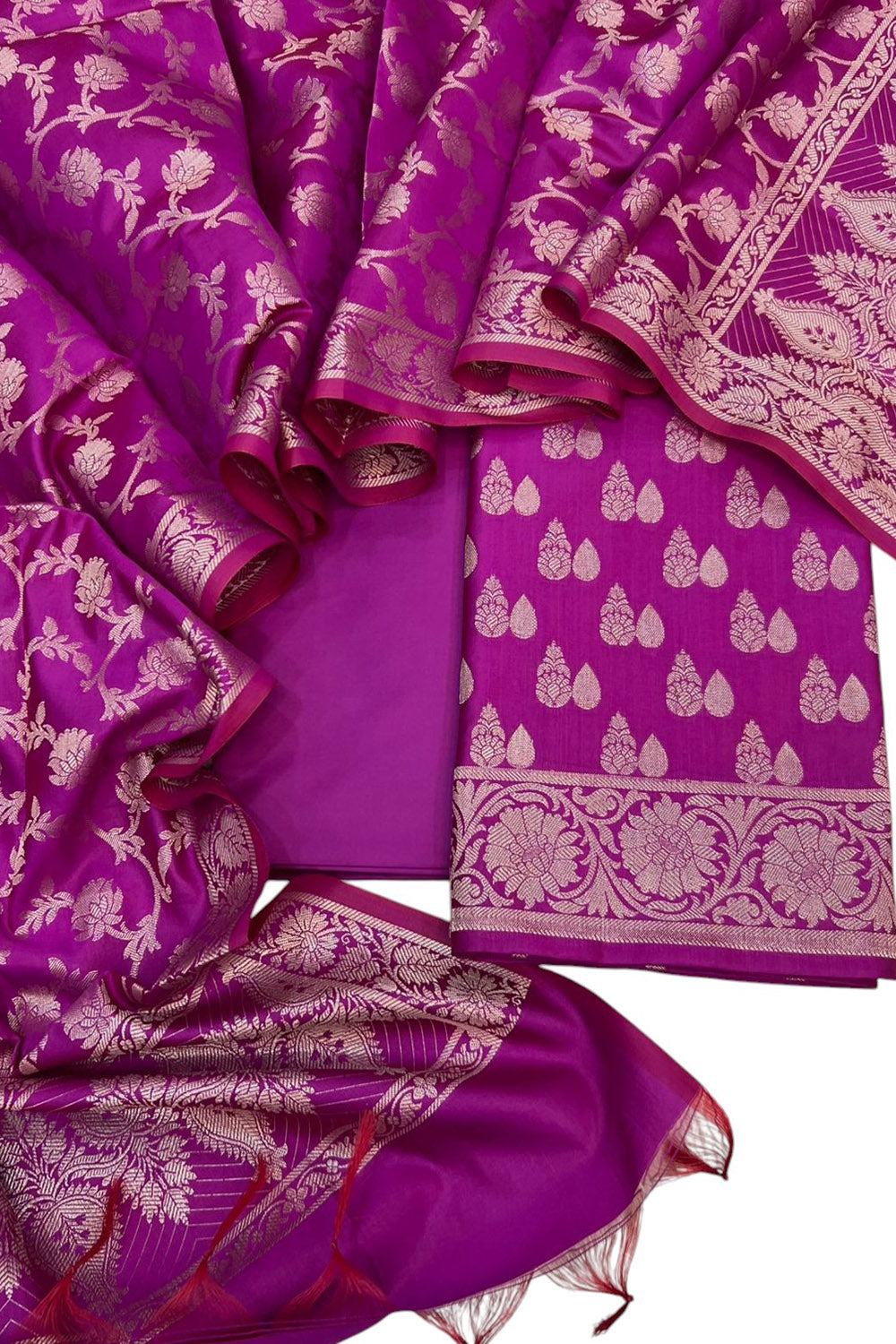 Pink Banarasi Soft Silk Three Piece Unstitched Suit Set - Elegant and Luxurious