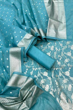 Blue Banarasi Organza Silk Three Piece Unstitched Suit Set