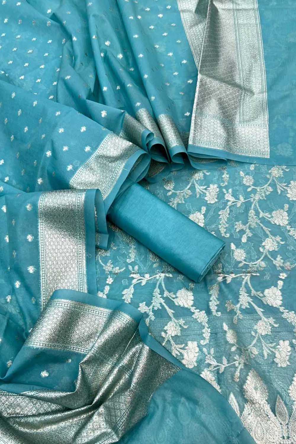 Blue Banarasi Organza Silk Three Piece Unstitched Suit Set