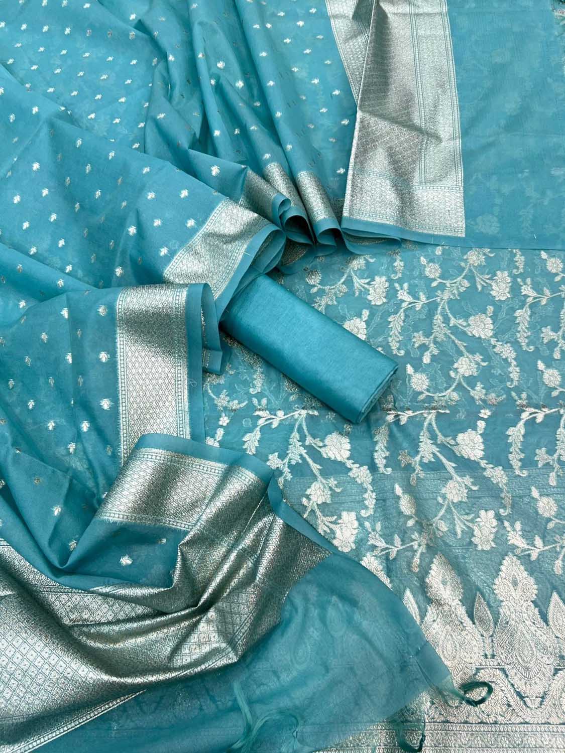 Blue Banarasi Organza Silk Three Piece Unstitched Suit Set