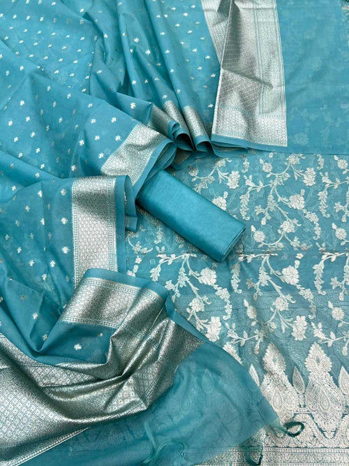 Blue Banarasi Organza Silk Three Piece Unstitched Suit Set