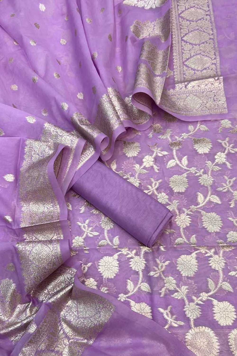 Purple Banarasi Organza Silk Three Piece Unstitched Suit Set