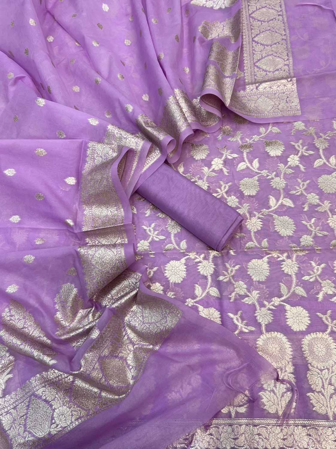 Purple Banarasi Organza Silk Three Piece Unstitched Suit Set
