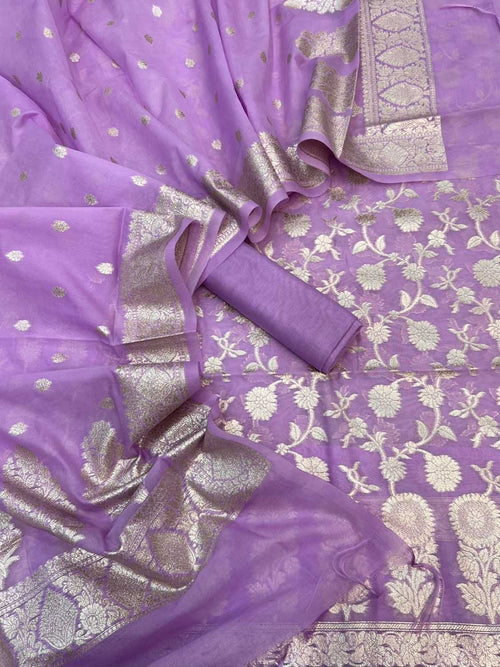 Purple Banarasi Organza Silk Unstitched Suit Set — Zari Weave, Wedding & Reception