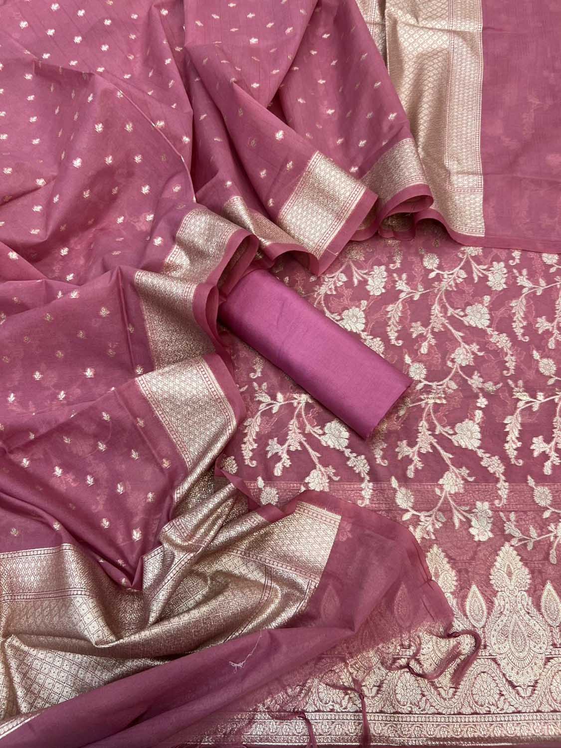 Pink Banarasi Organza Silk Three Piece Unstitched Suit Set