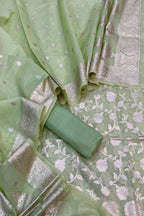 Green Banarasi Organza Silk Three Piece Unstitched Suit Set