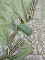 Green Banarasi Organza Silk Three Piece Unstitched Suit Set