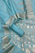 Blue Banarasi Organza Silk Three Piece Unstitched Suit Set