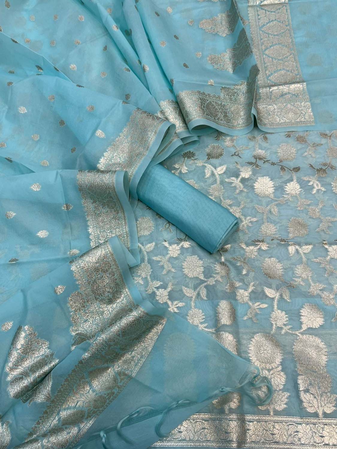 Blue Banarasi Organza Silk Three Piece Unstitched Suit Set