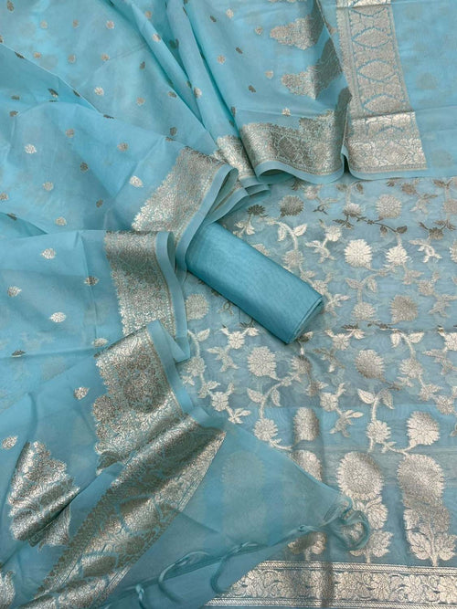 Blue Banarasi Organza Silk Unstitched Suit Set — Zari Weave, Festive & Wedding