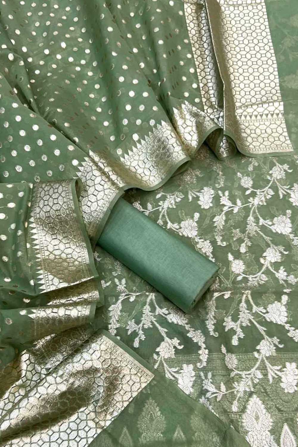 Green Banarasi Organza Silk Three Piece Unstitched Suit Set