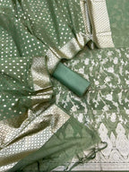 Green Banarasi Organza Silk Three Piece Unstitched Suit Set