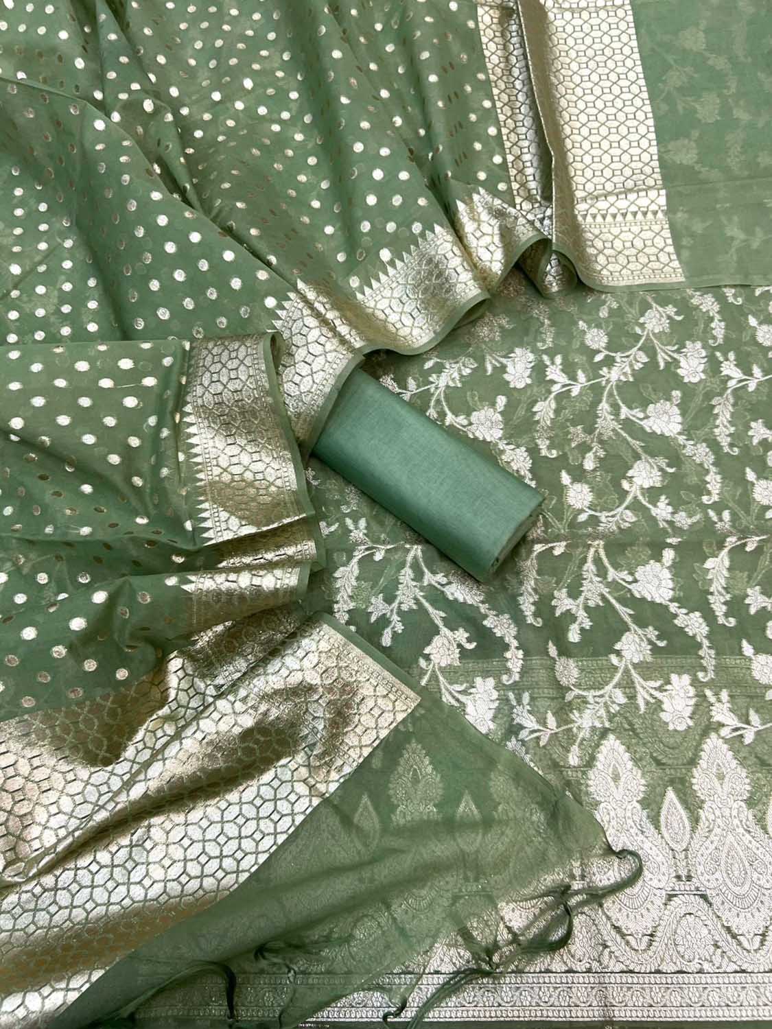 Green Banarasi Organza Silk Three Piece Unstitched Suit Set