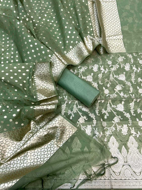 Green Banarasi Organza Silk Three Piece Unstitched Suit Set