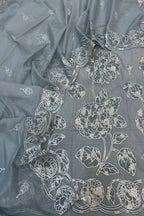 Grey Pure Mal Chanderi Applique Work Three Piece Unstitched Suit Set