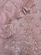 Pink Pure Mal Chanderi Applique Work Three Piece Unstitched Suit Set