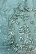 Blue Pure Mal Chanderi Applique Work Three Piece Unstitched Suit Set