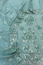 Blue Pure Mal Chanderi Applique Work Three Piece Unstitched Suit Set