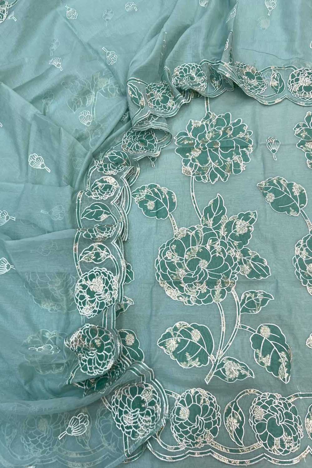 Blue Pure Mal Chanderi Applique Work Three Piece Unstitched Suit Set