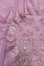 Pink Pure Mal Chanderi Applique Work Three Piece Unstitched Suit Set