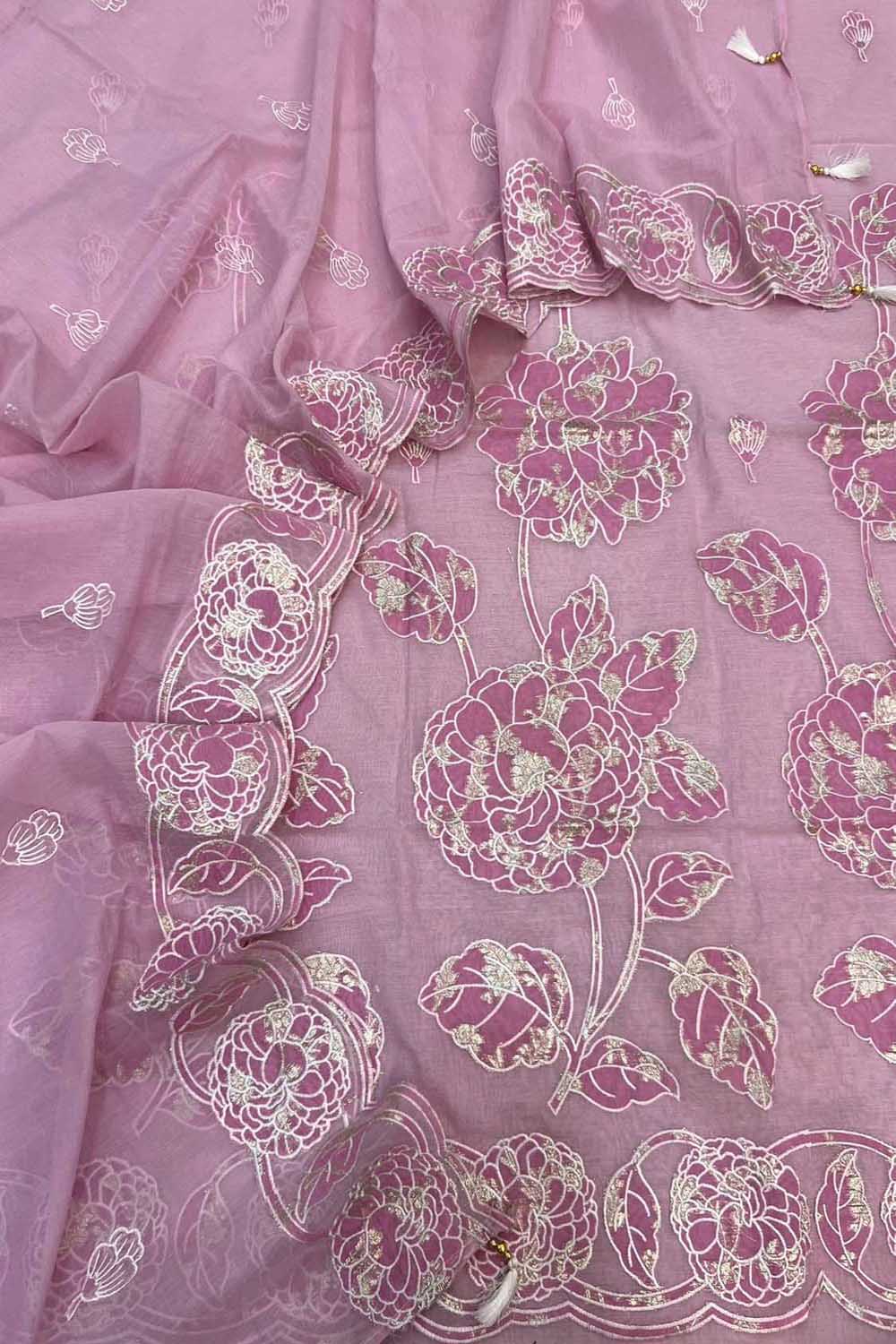 Pink Pure Mal Chanderi Applique Work Three Piece Unstitched Suit Set