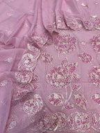 Pink Pure Mal Chanderi Applique Work Three Piece Unstitched Suit Set