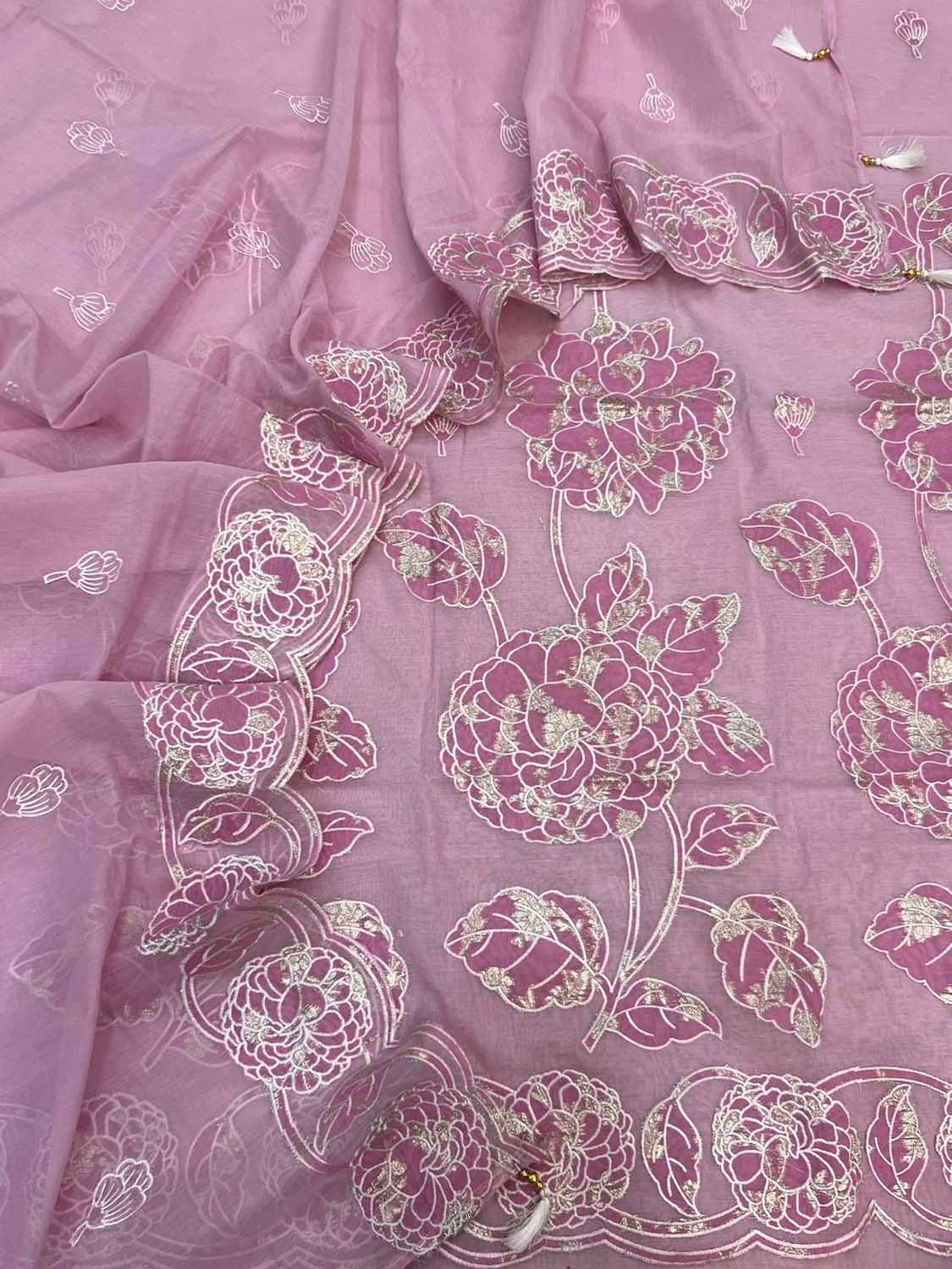 Pink Pure Mal Chanderi Applique Work Three Piece Unstitched Suit Set