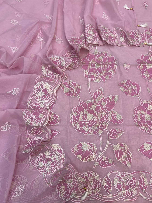 Pink Pure Mal Chanderi Applique Work Three Piece Unstitched Suit Set