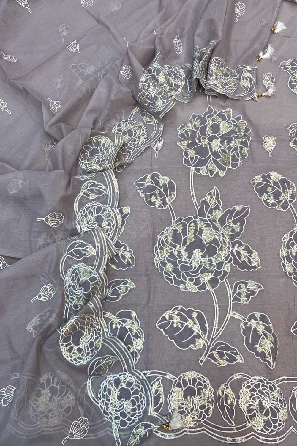Purple Pure Mal Chanderi Applique Work Three Piece Unstitched Suit Set