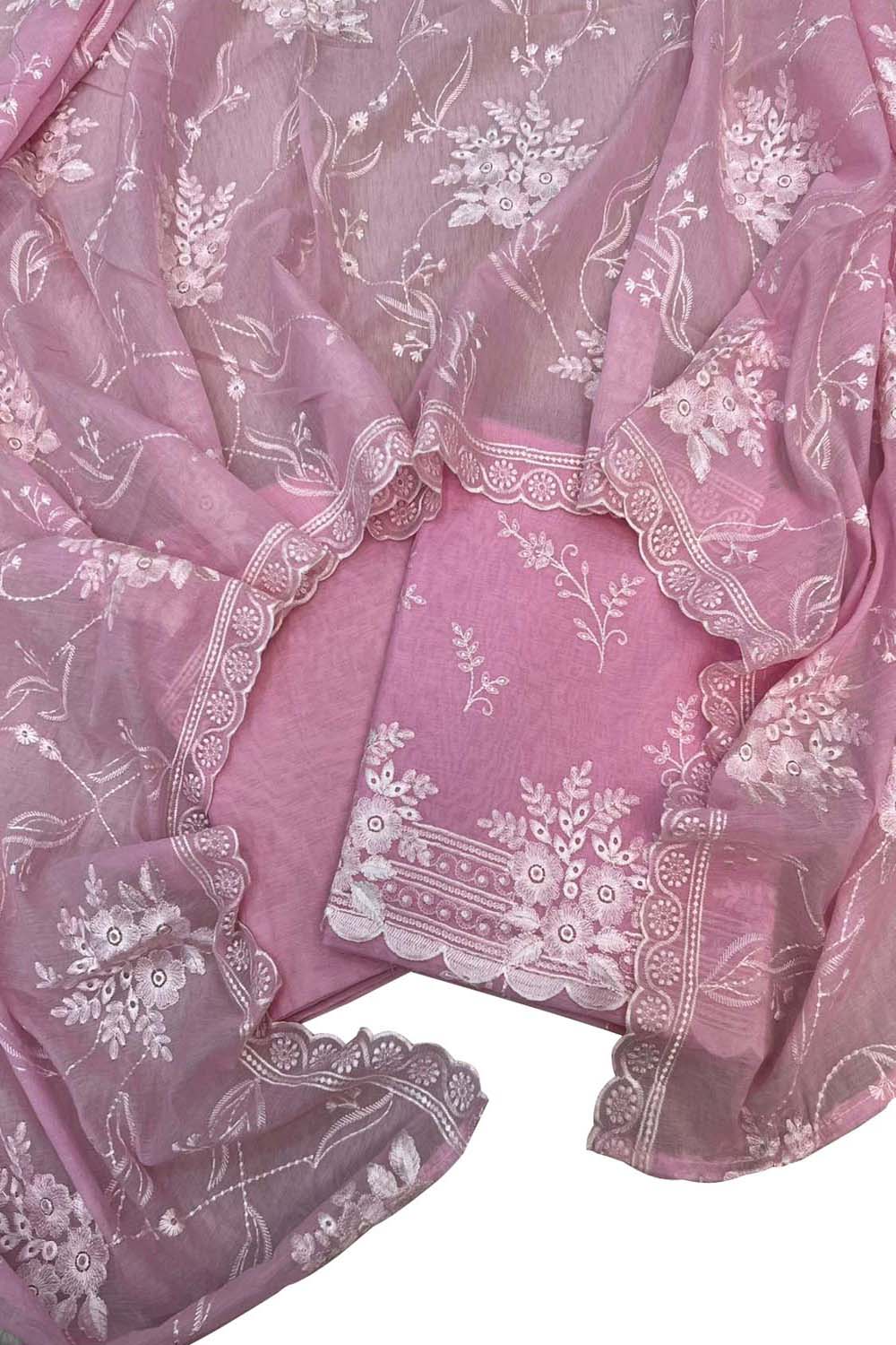 Pink Pure Mal Chanderi Cutwork Three Piece Unstitched Suit Set