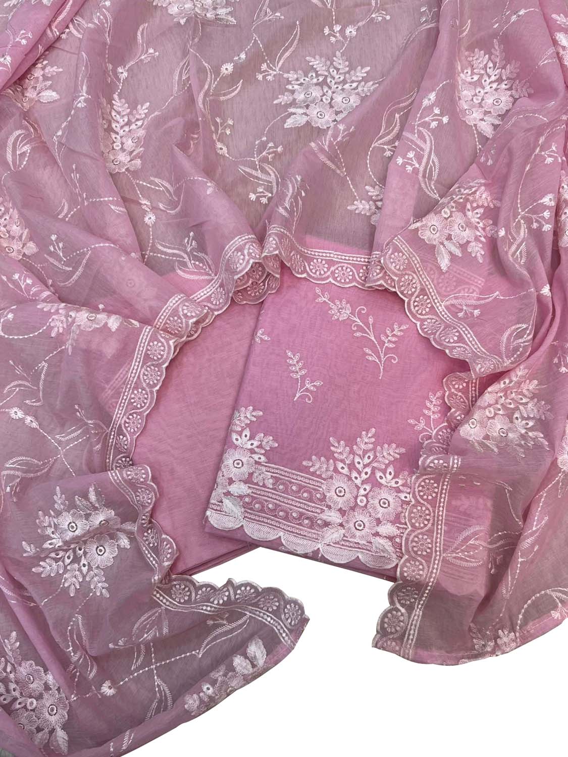 Pink Pure Mal Chanderi Cutwork Three Piece Unstitched Suit Set